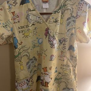 Dr. Seuss Amazing Alphabet ABC's Scrub Top Small Nurse Medical Yellow Pockets